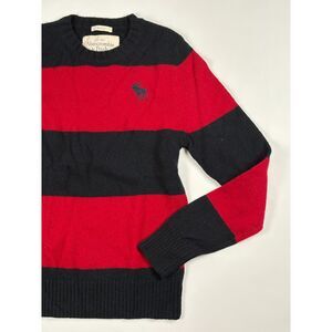 Abercrombie Sweater Mens Muscle Fit 100% Wool Size M Red Navy Striped Vintage
